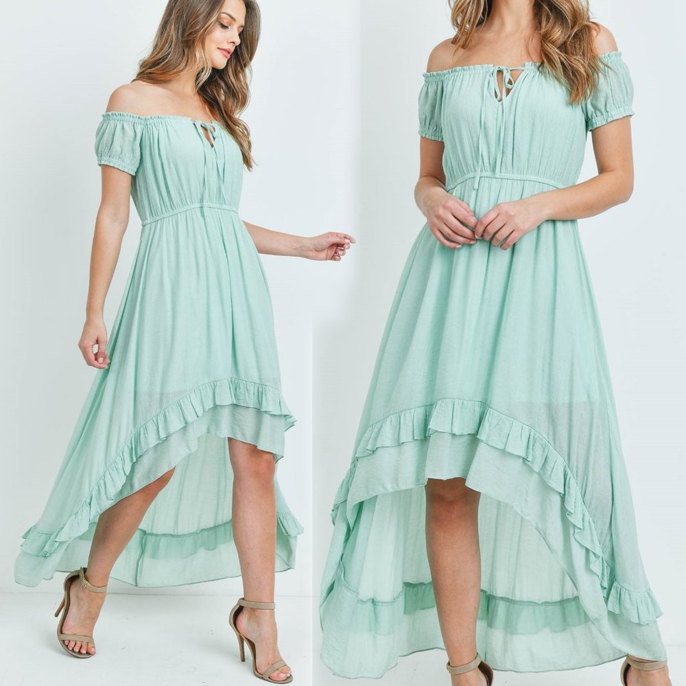 NEW Mint Off Shoulder High Low Ruffle Maxi Dress